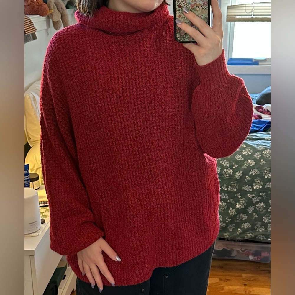 American Eagle Outfitters Red Oversized Waffle Texture Sweater